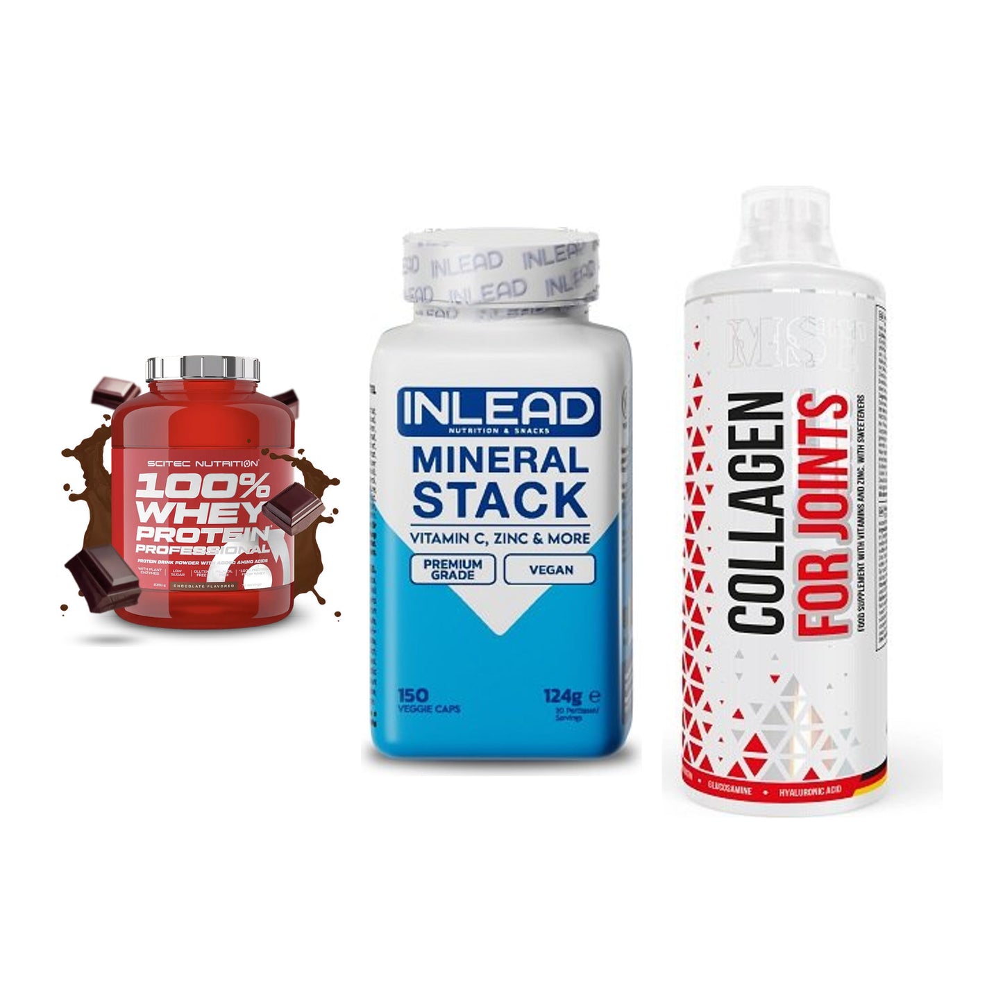 Regenerations-Set: Scitec 100% + INLEAD Mineral + MST Collagen – alle enthaltenen Artikel