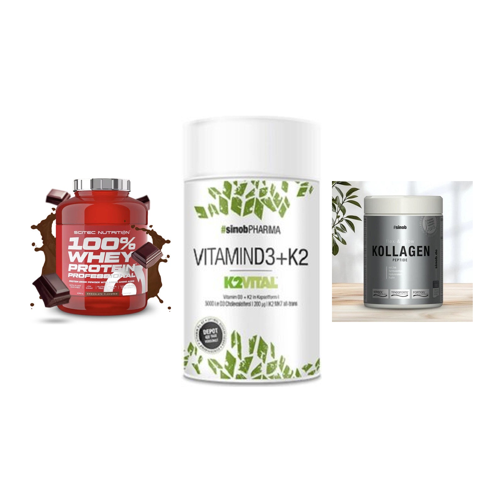 Regenerations-Set: Scitec 100% + Sinob Vitamin + Sinob Kollagen – alle enthaltenen Artikel