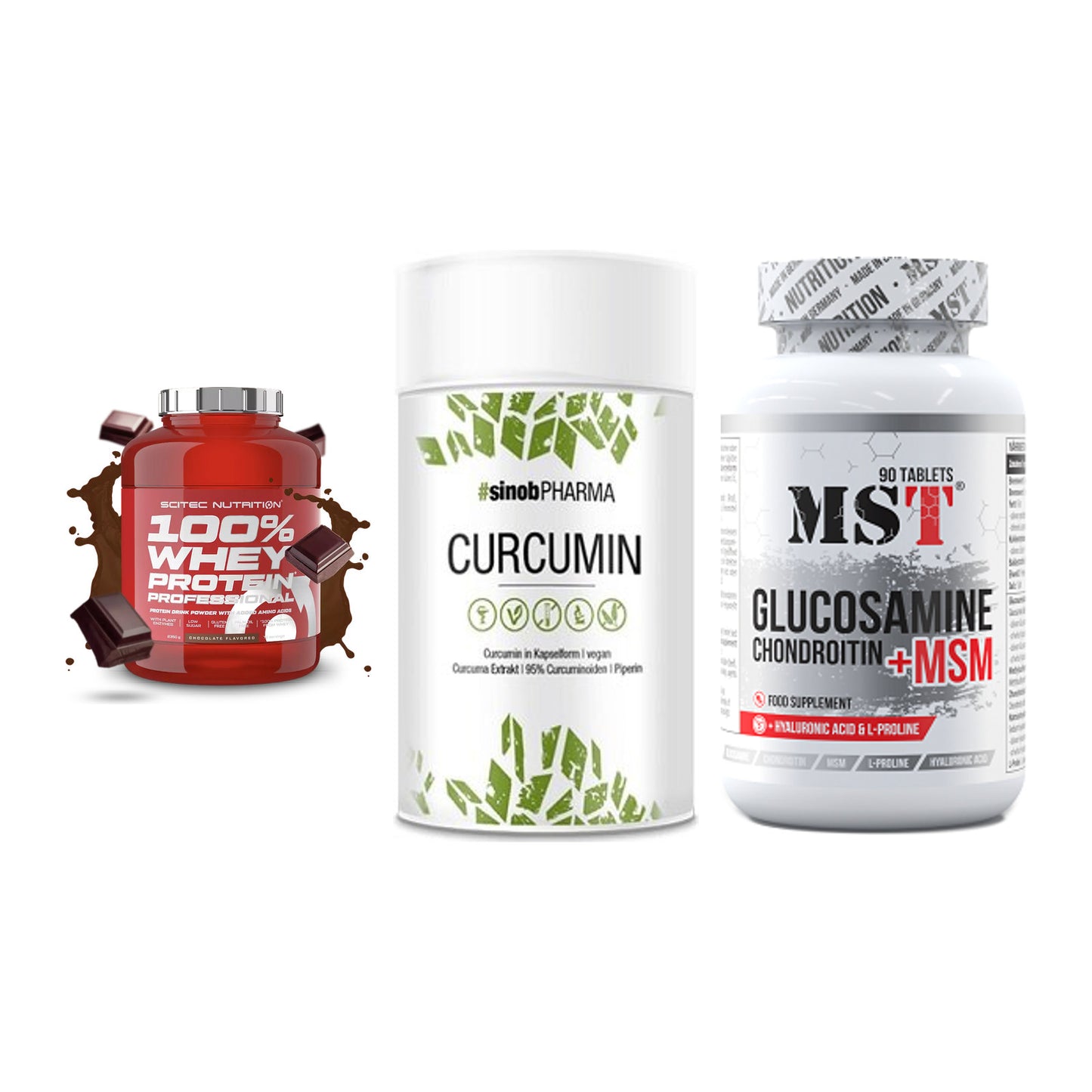 Regenerations-Set: Scitec 100% + Sinob Curcumin + MST Glucosamine – alle enthaltenen Artikel