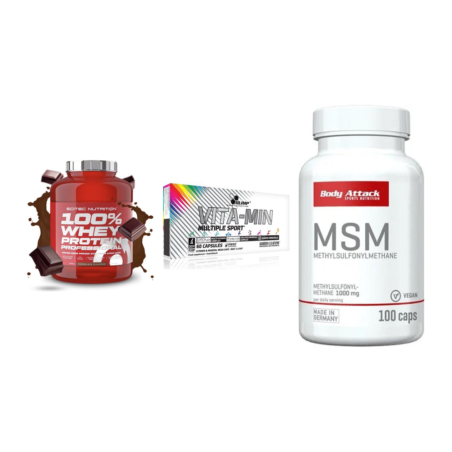 Regenerations-Set: Scitec 100% + Olimp Vita-Min + Body Attack MSM – alle enthaltenen Artikel