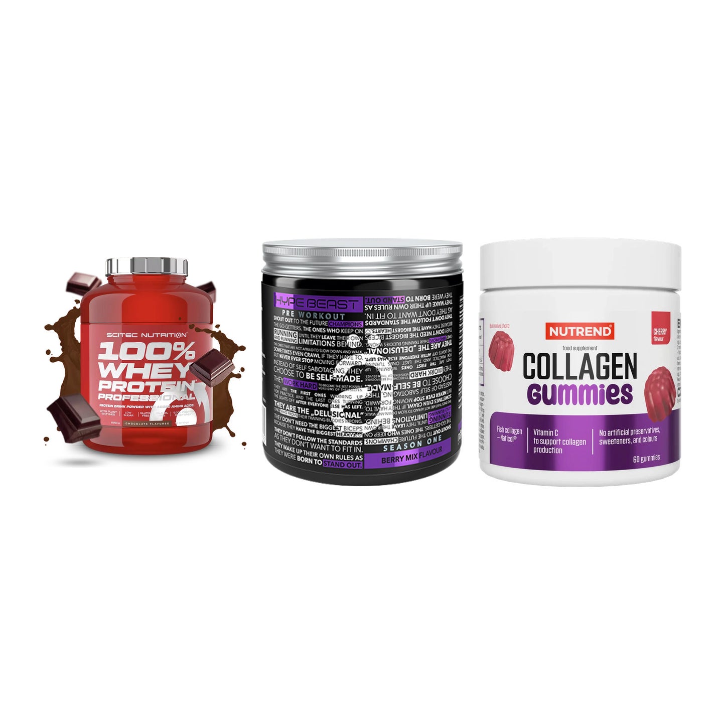 Regenerations-Set: Scitec 100% + Nanosupps Hype + Nutrend Collage – alle enthaltenen Artikel