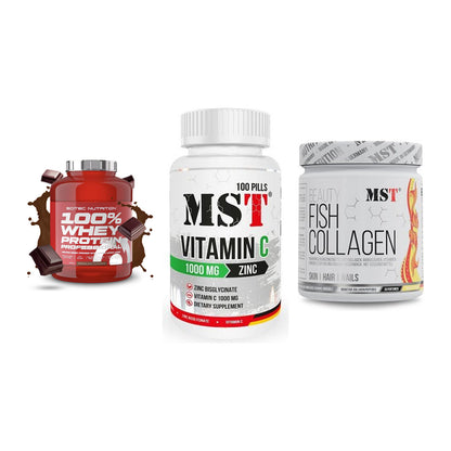 Regenerations-Set: Scitec 100% + MST Vitamin C + MST Beauty Fish – alle enthaltenen Artikel