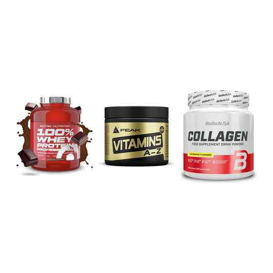 Regenerations-Set: Scitec 100% + Peak Vitamin + BioTech Collage – alle enthaltenen Artikel