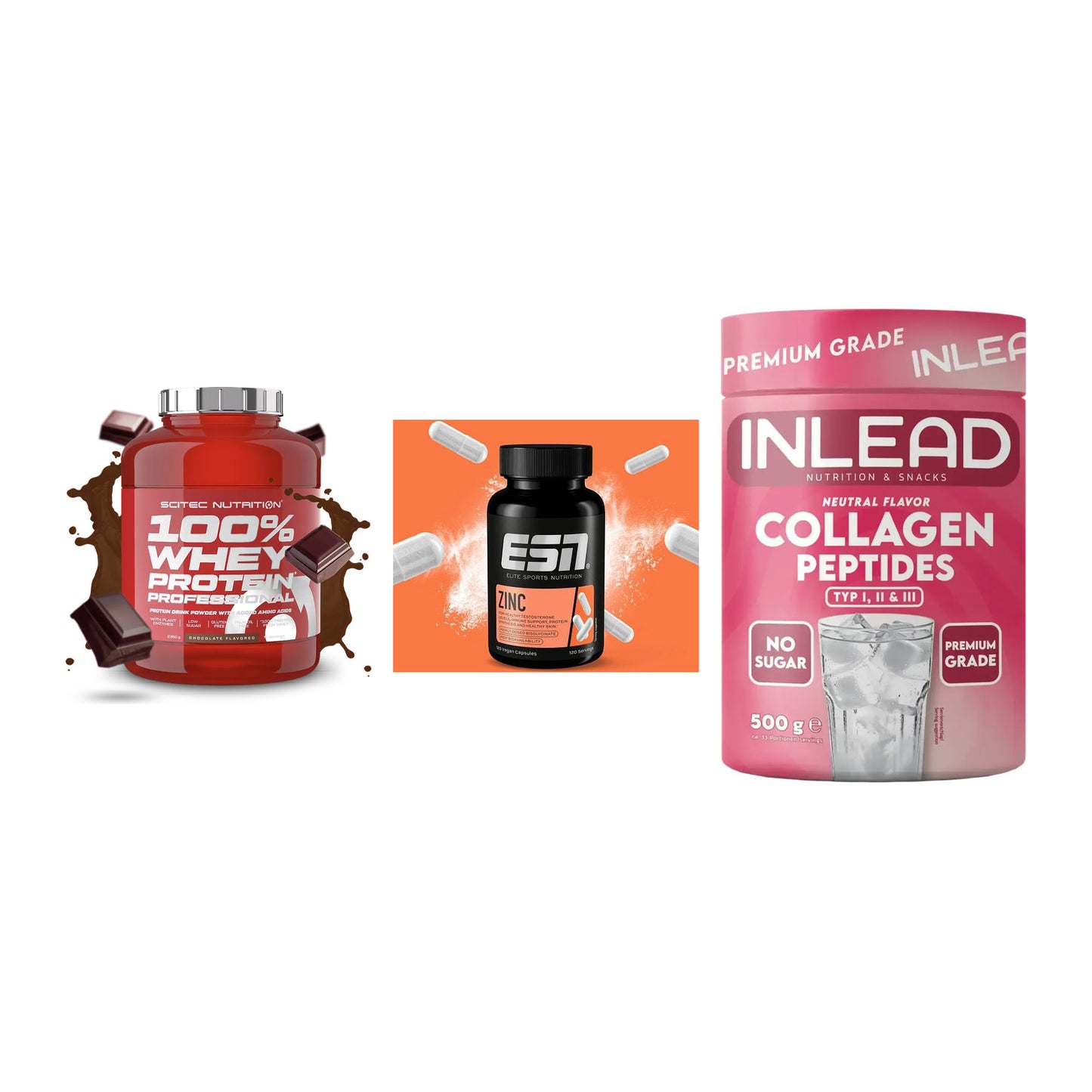 Regenerations-Set: Scitec 100% + ESN Zinc + INLEAD Collagen – alle enthaltenen Artikel