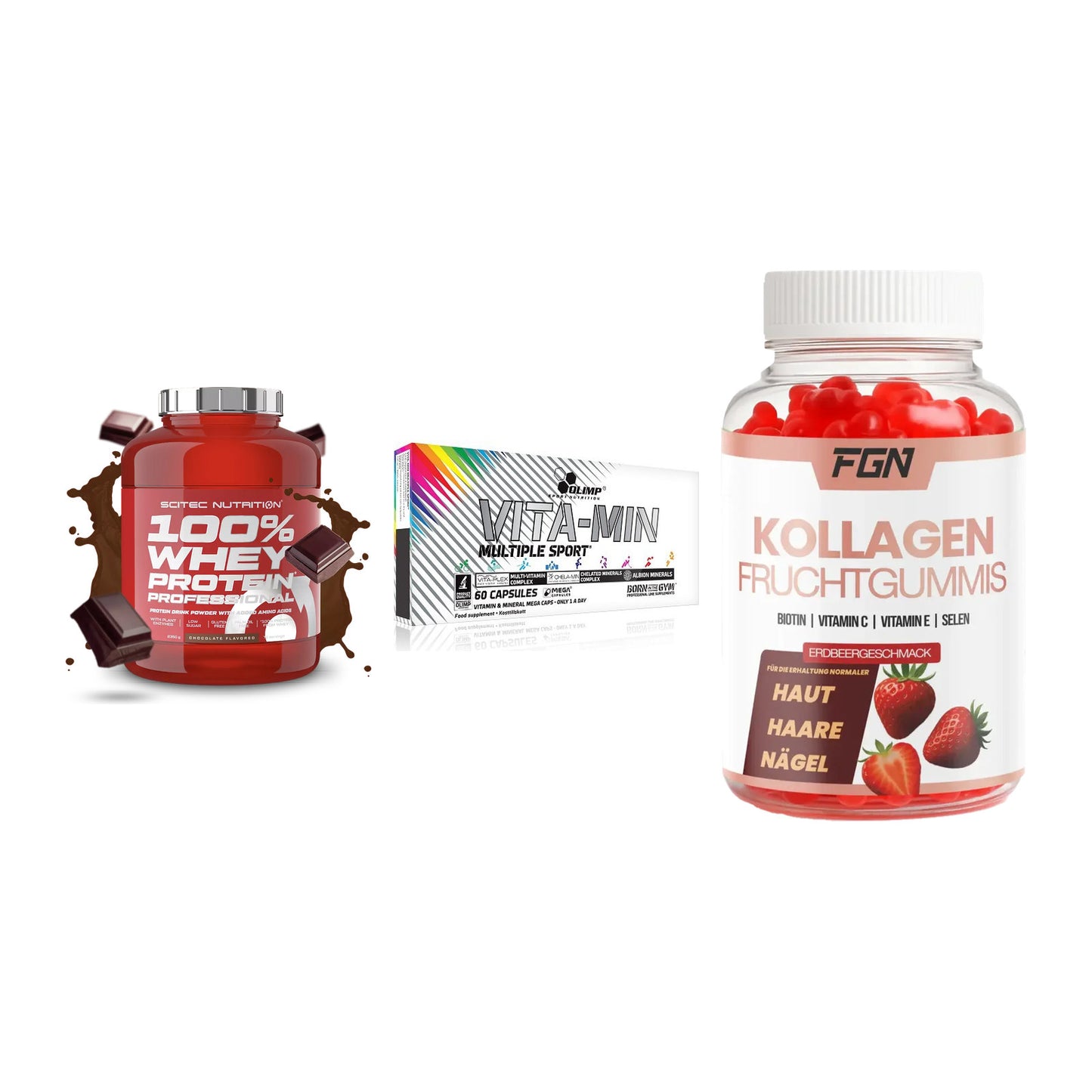 Regenerations-Set: Scitec 100% + Olimp Vita-Min + FGN Kollagen 60 – alle enthaltenen Artikel