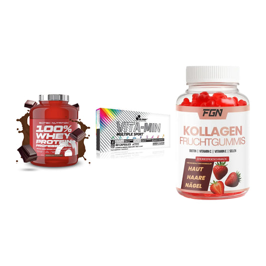 Regenerations-Set: Scitec 100% + Olimp Vita-Min + FGN Kollagen 60 – alle enthaltenen Artikel