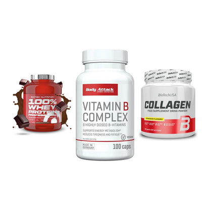 Regenerations-Set: Scitec 100% + Body Attack + BioTech Collage – alle enthaltenen Artikel