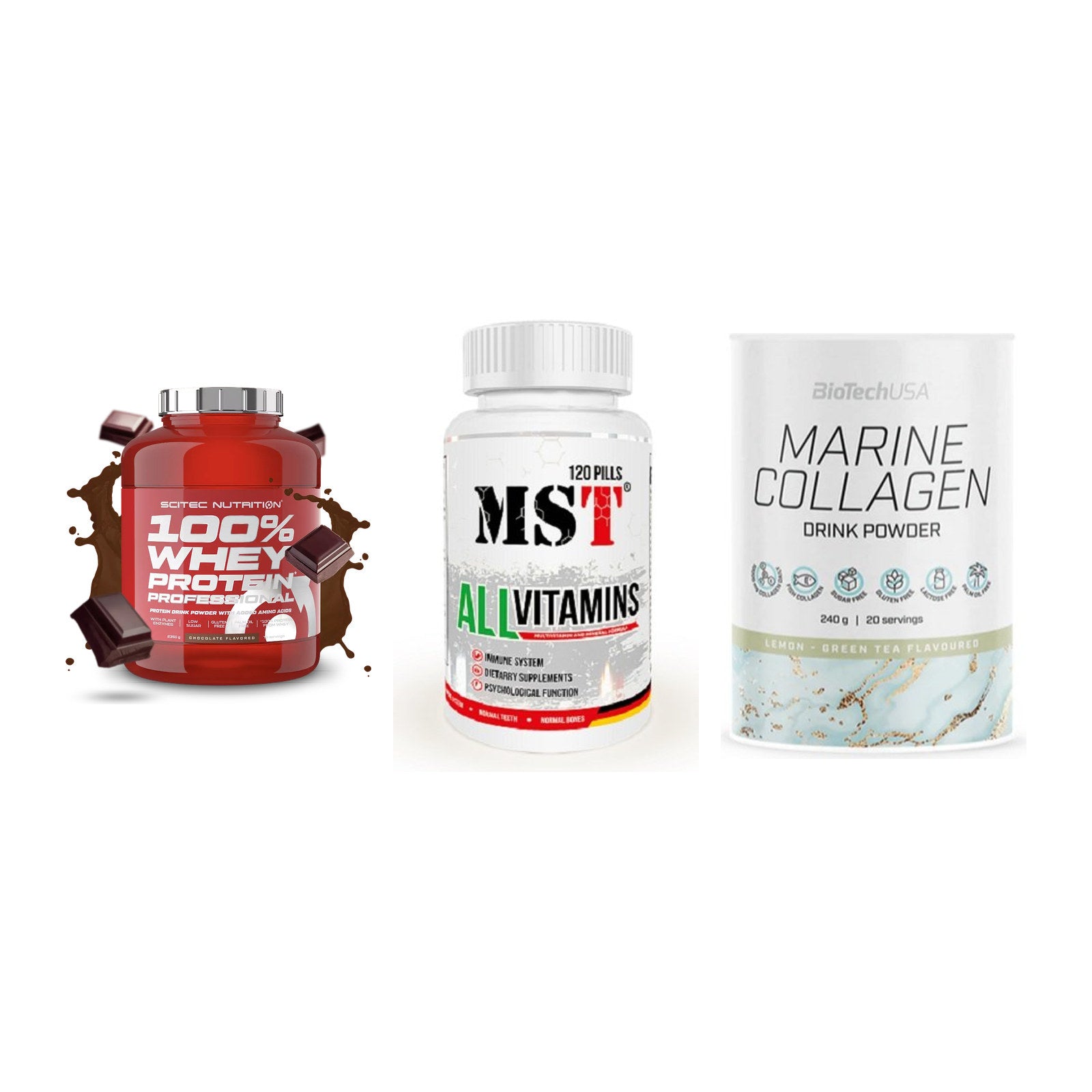 Regenerations-Set: Scitec 100% + MST All Vitamin + BioTech Marine – alle enthaltenen Artikel