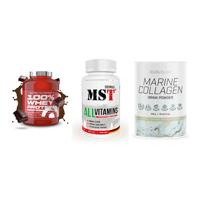 Regenerations-Set: Scitec 100% + MST All Vitamin + BioTech Marine – alle enthaltenen Artikel