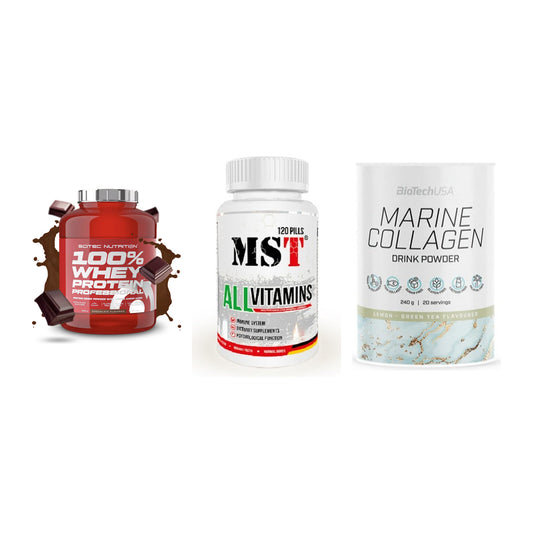 Regenerations-Set: Scitec 100% + MST All Vitamin + BioTech Marine – alle enthaltenen Artikel