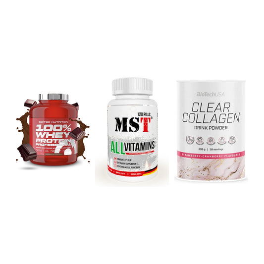 Regenerations-Set: Scitec 100% + MST All Vitamin + BioTech Clear – alle enthaltenen Artikel