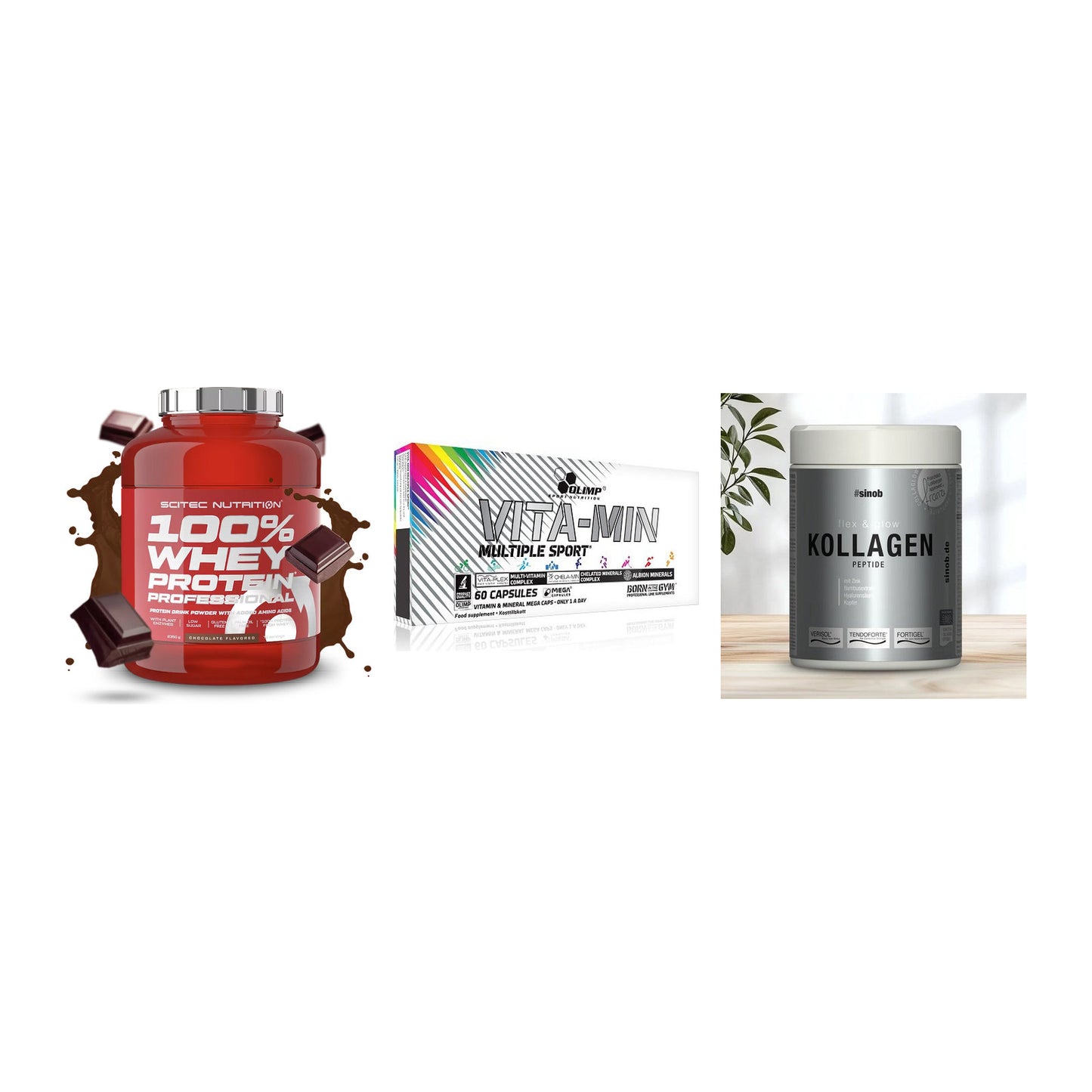 Regenerations-Set: Scitec 100% + Olimp Vita-Min + Sinob Kollagen – alle enthaltenen Artikel