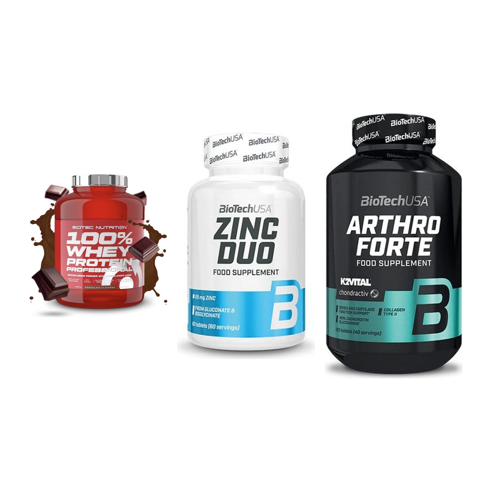Regenerations-Set: Scitec 100% + BioTech Zinc + BioTech Arthro – alle enthaltenen Artikel