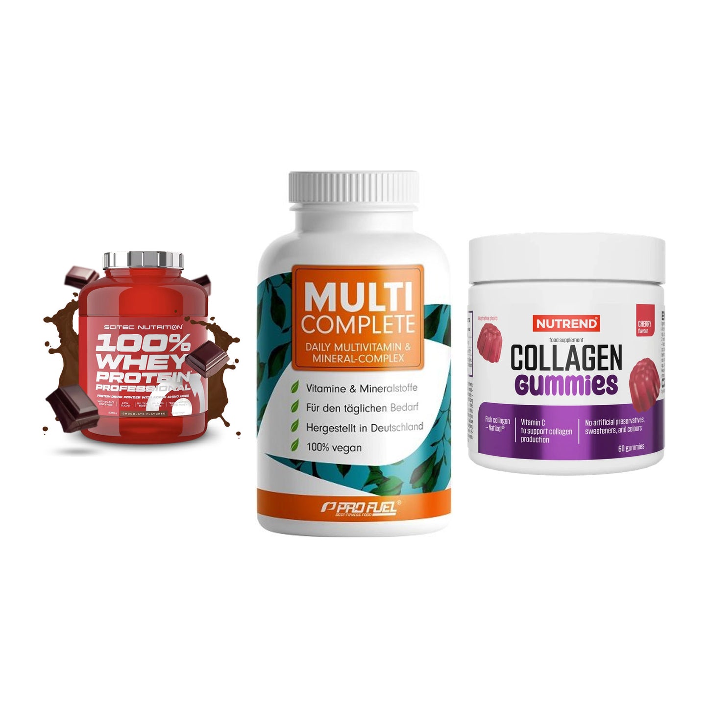 Regenerations-Set: Scitec 100% + ProFuel MULTI + Nutrend Collage – alle enthaltenen Artikel