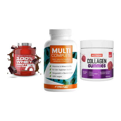 Regenerations-Set: Scitec 100% + ProFuel MULTI + Nutrend Collage – alle enthaltenen Artikel