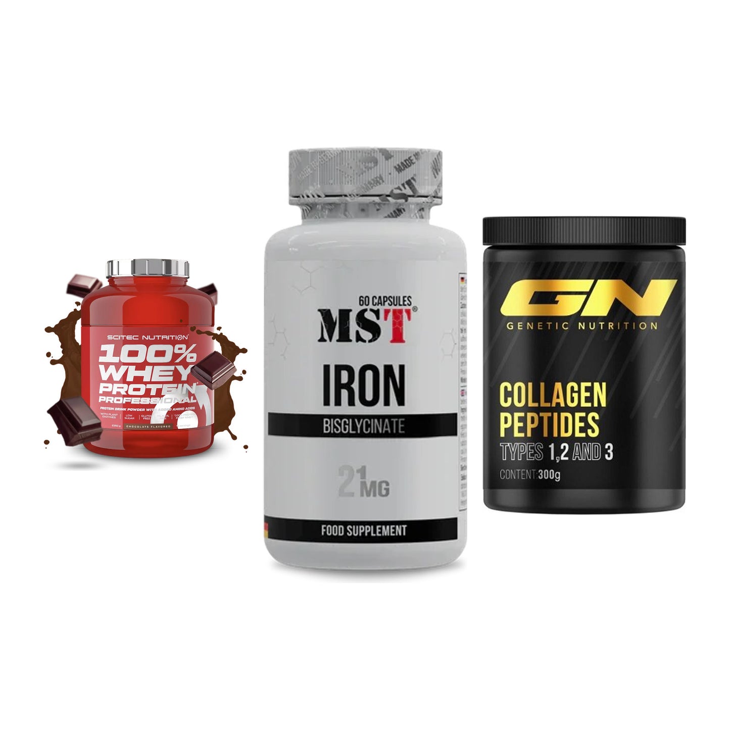 Regenerations-Set: Scitec 100% + MST Iron + GN Peptan – alle enthaltenen Artikel