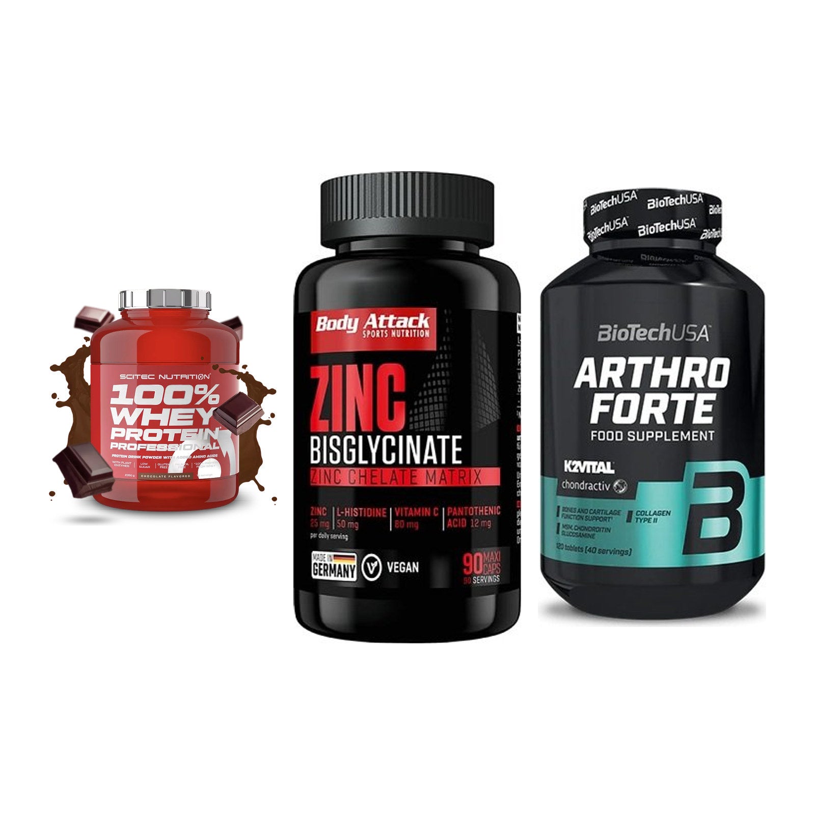 Regenerations-Set: Scitec 100% + Body Attack + BioTech Arthro – alle enthaltenen Artikel
