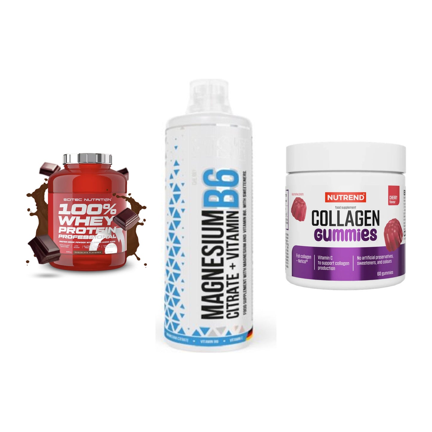 Regenerations-Set: Scitec 100% + MST Magnesium + Nutrend Collage – alle enthaltenen Artikel