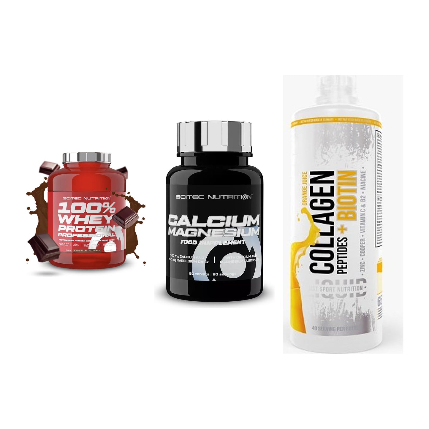 Regenerations-Set: Scitec 100% + Scitec Calcium + MST Collagen – alle enthaltenen Artikel
