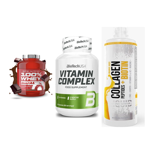 Regenerations-Set: Scitec 100% + BioTech Vitamin + MST Collagen – alle enthaltenen Artikel