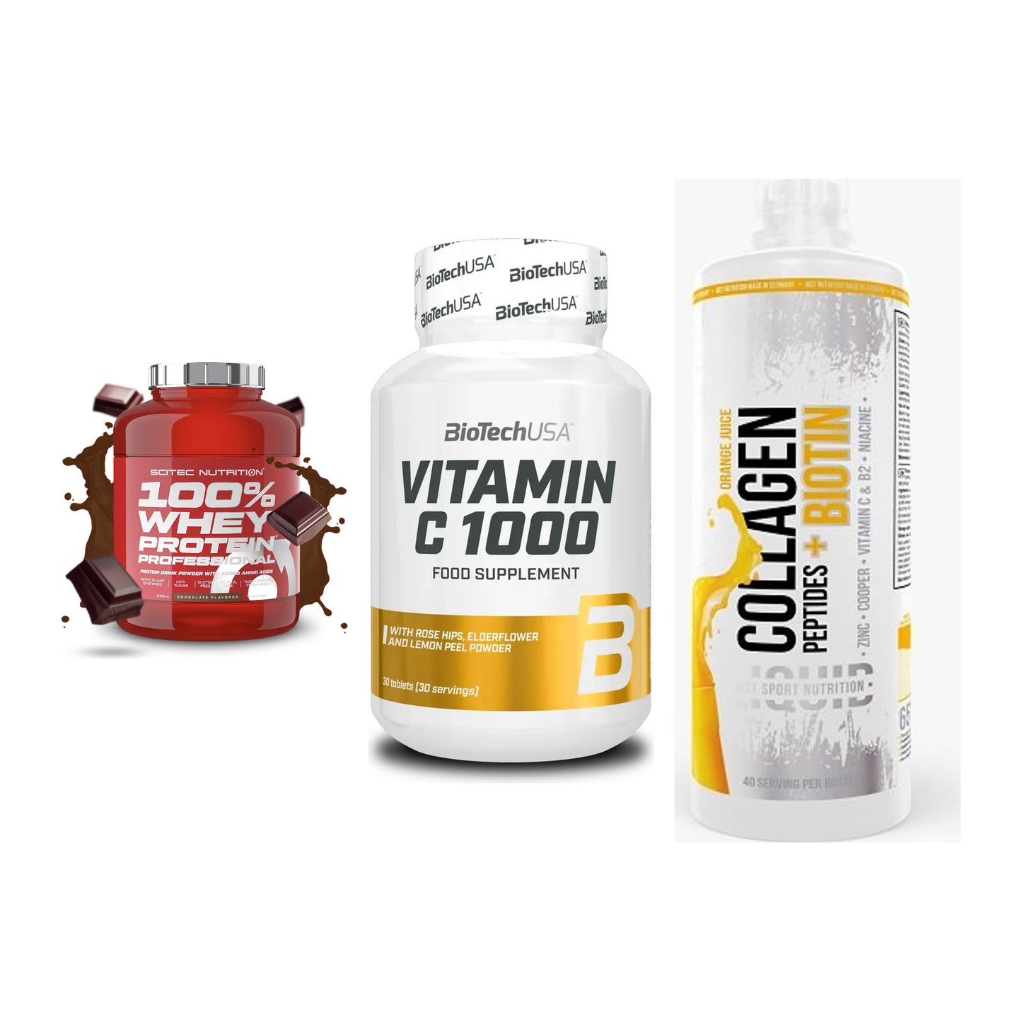 Regenerations-Set: Scitec 100% + BioTech Vitamin + MST Collagen – alle enthaltenen Artikel
