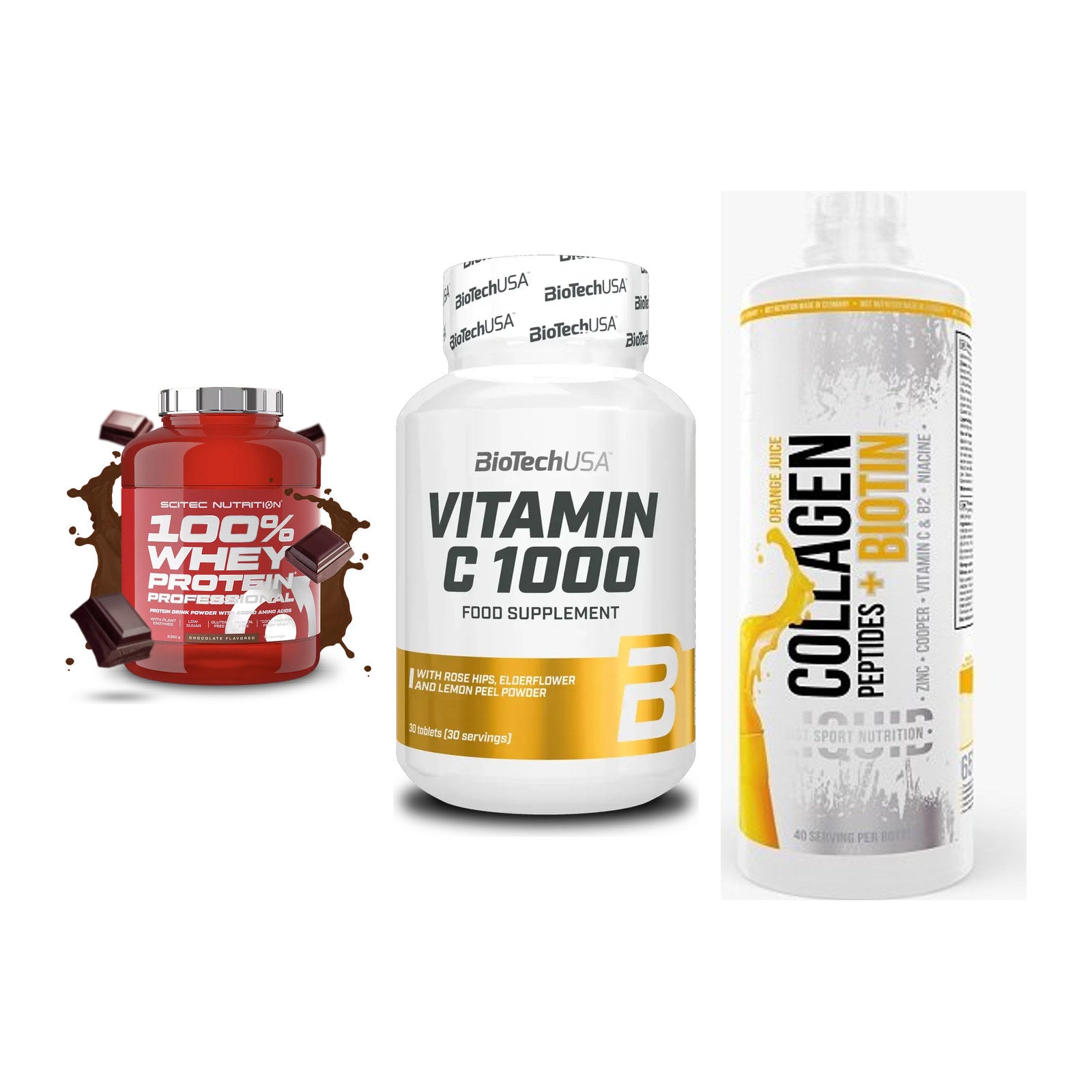 Regenerations-Set: Scitec 100% + BioTech Vitamin + MST Collagen – alle enthaltenen Artikel