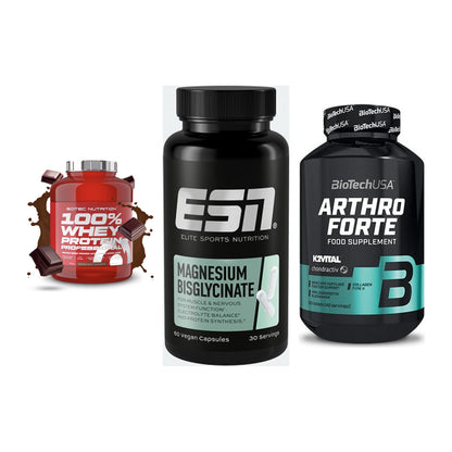 Regenerations-Set: Scitec 100% + ESN Magnesium + BioTech Arthro – alle enthaltenen Artikel