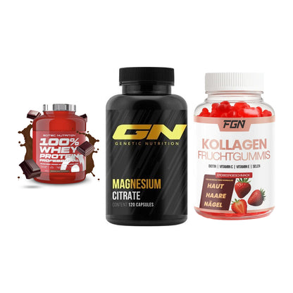 Regenerations-Set: Scitec 100% + GN Magnesium + FGN Kollagen 60 – alle enthaltenen Artikel