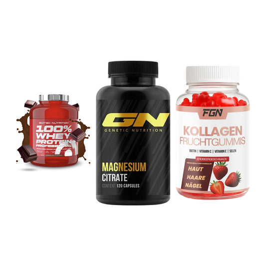 Regenerations-Set: Scitec 100% + GN Magnesium + FGN Kollagen 60 – alle enthaltenen Artikel
