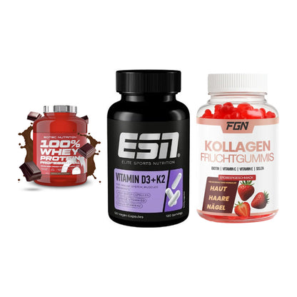 Regenerations-Set: Scitec 100% + ESN Vitamin D3 + FGN Kollagen 60 – alle enthaltenen Artikel