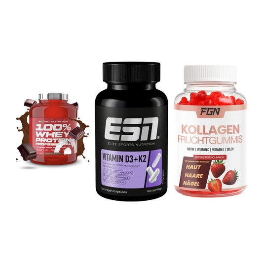Regenerations-Set: Scitec 100% + ESN Vitamin D3 + FGN Kollagen 60 – alle enthaltenen Artikel