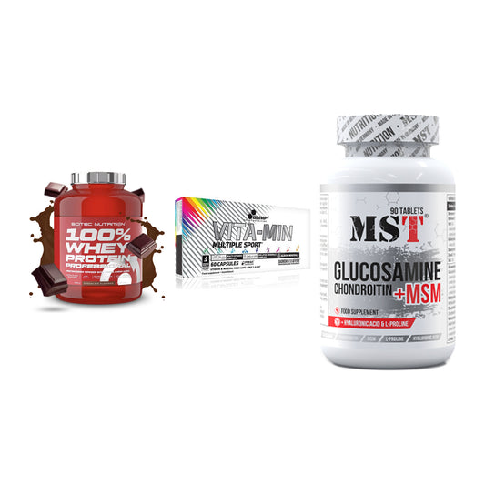Regenerations-Set: Scitec 100% + Olimp Vita-Min + MST Glucosamine – alle enthaltenen Artikel