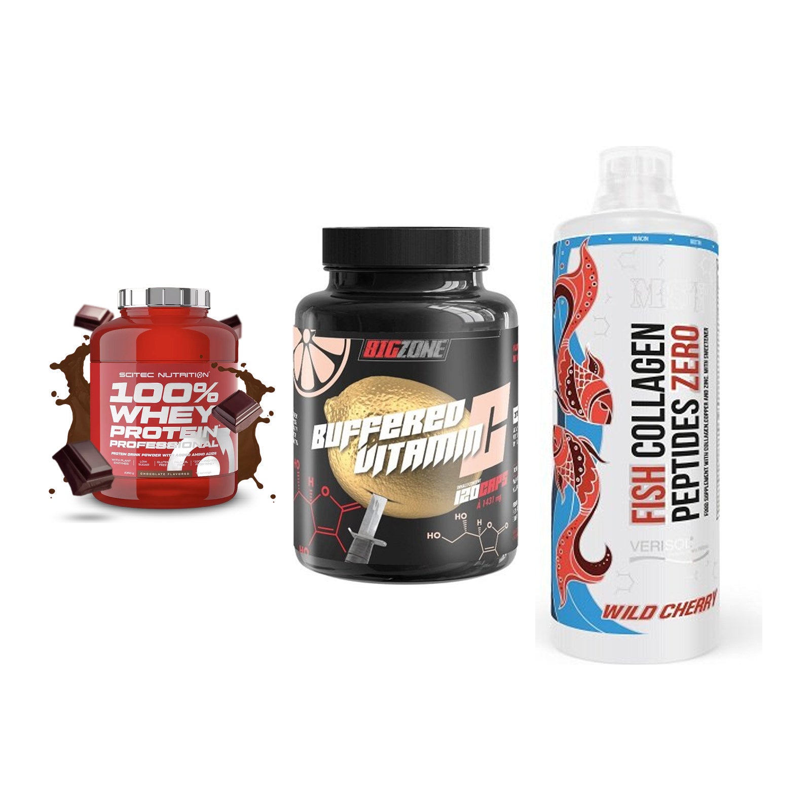 Regenerations-Set: Scitec 100% + Big Zone + MST Fish – alle enthaltenen Artikel