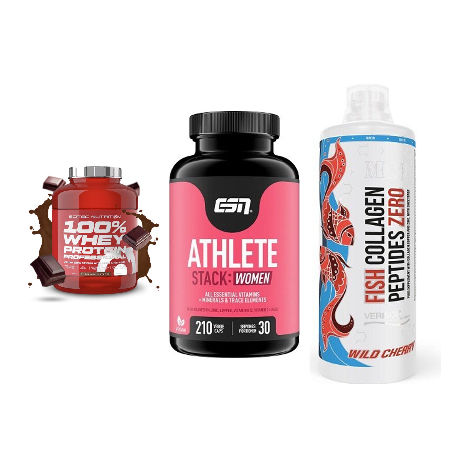 Regenerations-Set: Scitec 100% + ESN Athlete + MST Fish – alle enthaltenen Artikel