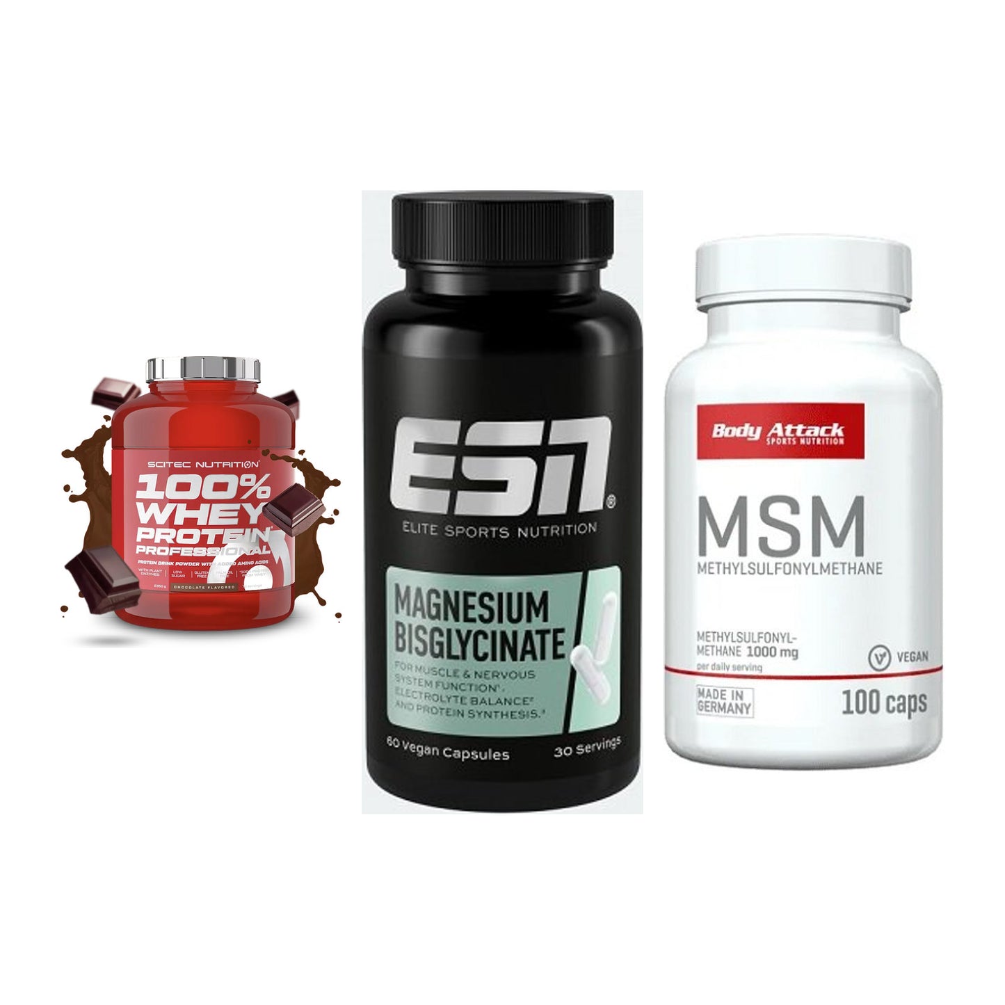 Regenerations-Set: Scitec 100% + ESN Magnesium + Body Attack MSM – alle enthaltenen Artikel