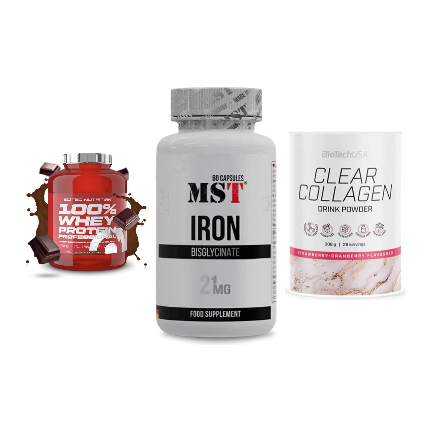 Regenerations-Set: Scitec 100% + MST Iron + BioTech Clear – alle enthaltenen Artikel