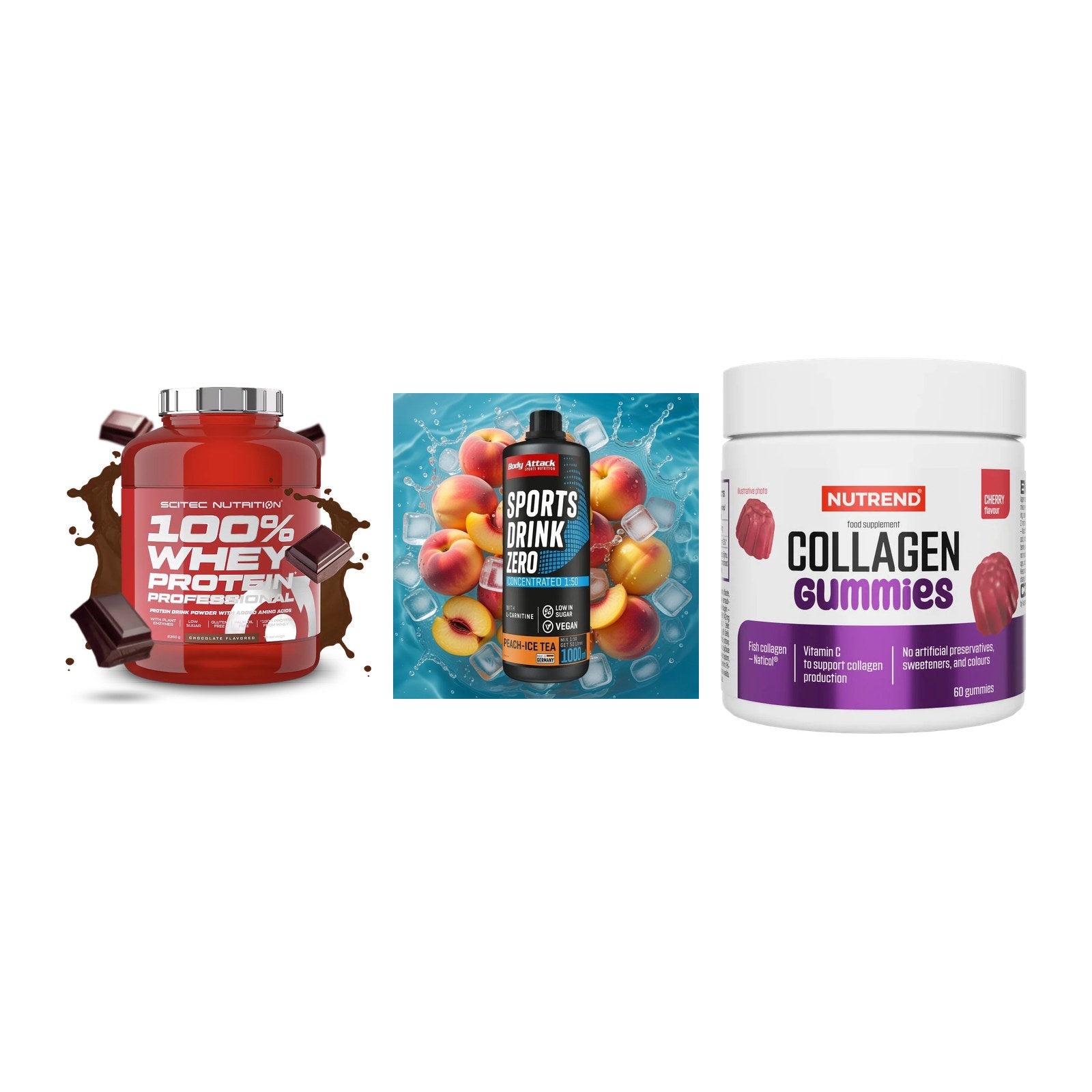 Regenerations-Set: Scitec 100% + Body Attack + Nutrend Collage – alle enthaltenen Artikel