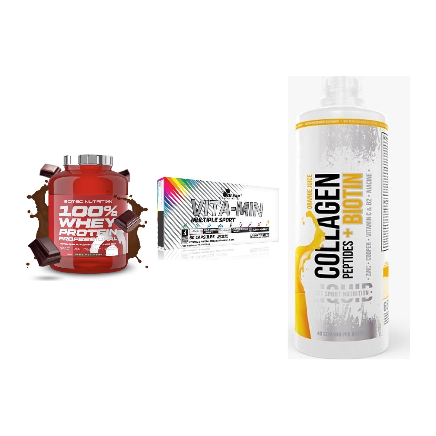 Regenerations-Set: Scitec 100% + Olimp Vita-Min + MST Collagen – alle enthaltenen Artikel