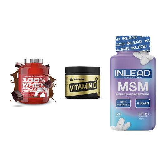 Regenerations-Set: Scitec 100% + Peak Vitamin D + INLEAD MSM – alle enthaltenen Artikel