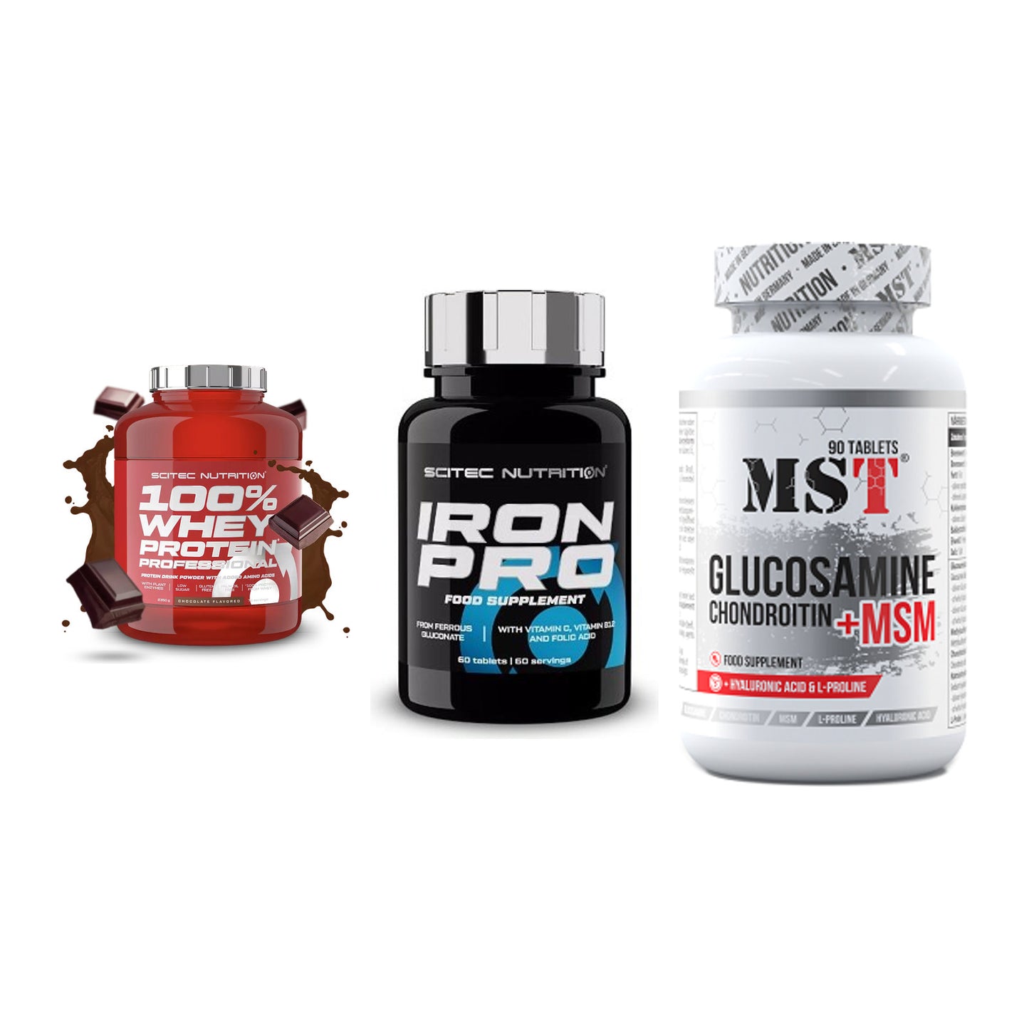 Regenerations-Set: Scitec 100% + Scitec Iron Pro + MST Glucosamine – alle enthaltenen Artikel