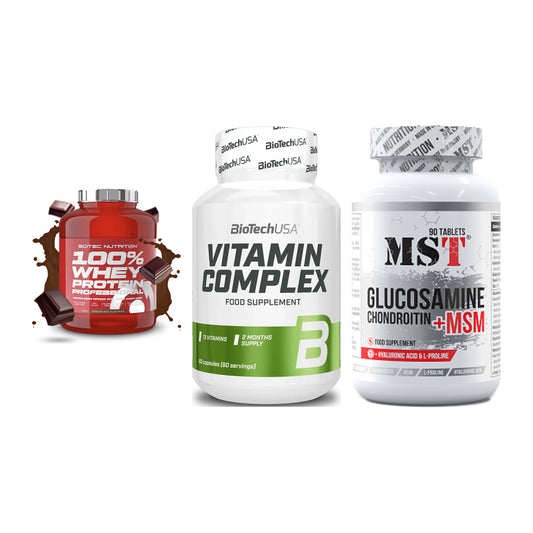 Regenerations-Set: Scitec 100% + BioTech Vitamin + MST Glucosamine – alle enthaltenen Artikel