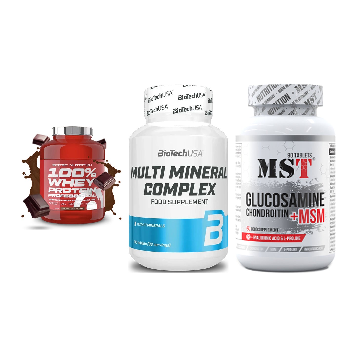 Regenerations-Set: Scitec 100% + BioTech Multi + MST Glucosamine – alle enthaltenen Artikel
