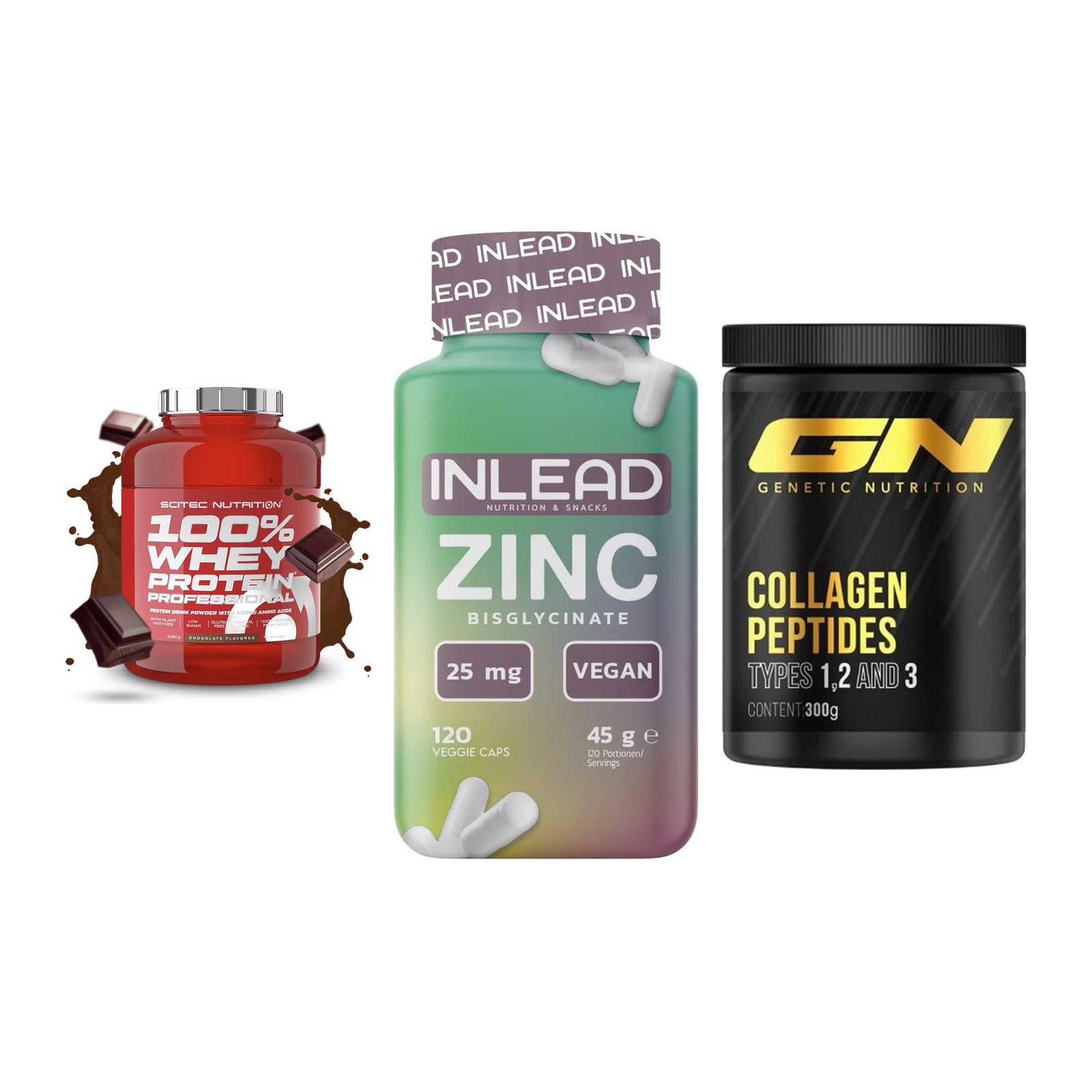 Regenerations-Set: Scitec 100% + INLEAD Zink + GN Peptan – alle enthaltenen Artikel