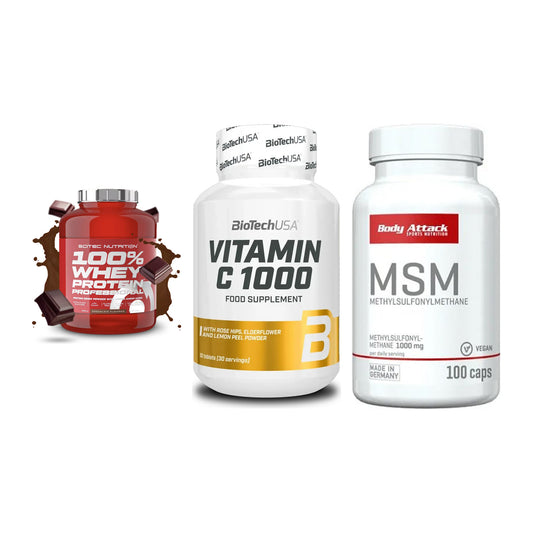 Regenerations-Set: Scitec 100% + BioTech Vitamin + Body Attack MSM – alle enthaltenen Artikel