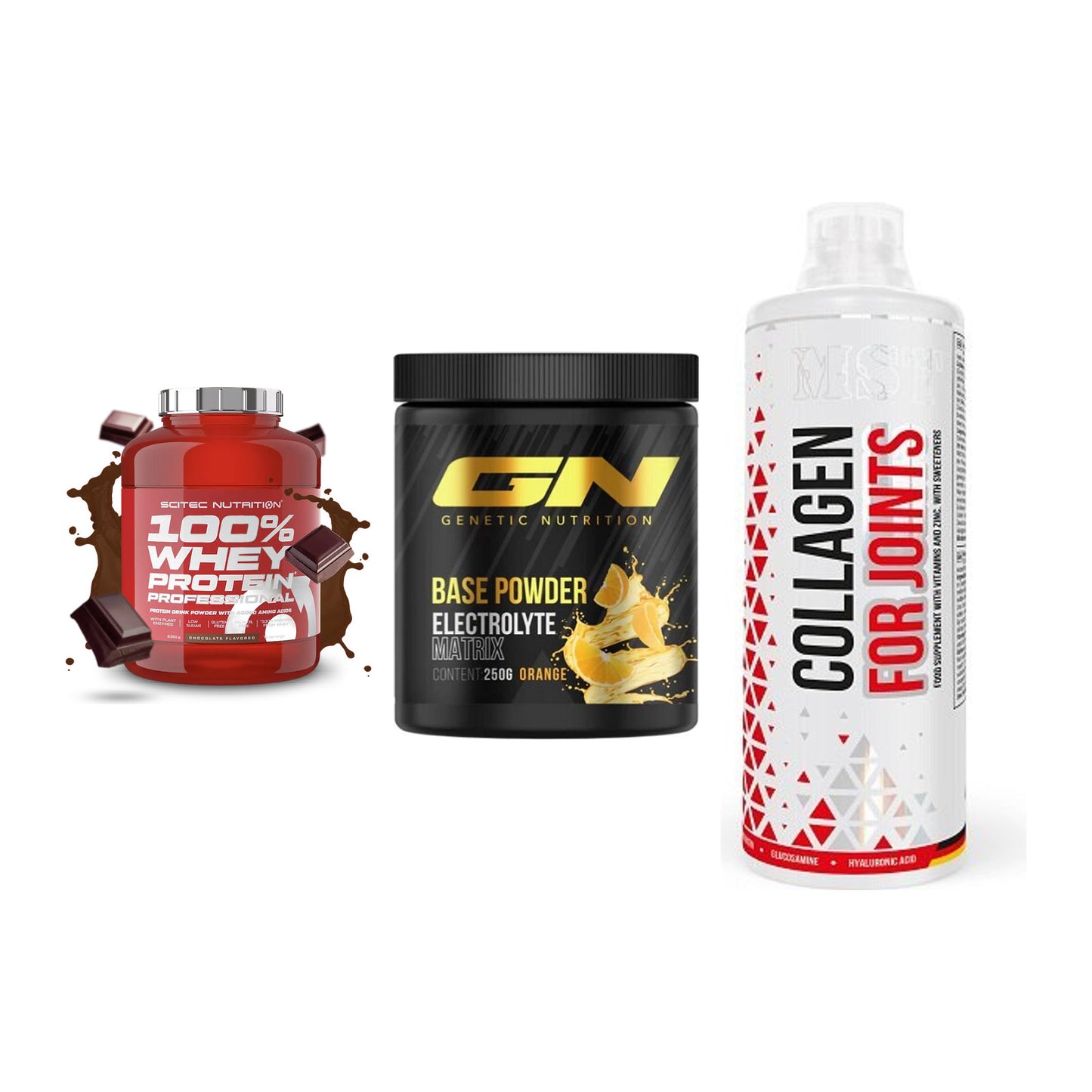 Regenerations-Set: Scitec 100% + GN Base Powder + MST Collagen – alle enthaltenen Artikel