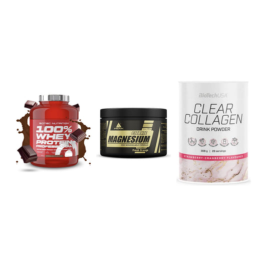 Regenerations-Set: Scitec 100% + Peak Magnesium + BioTech Clear – alle enthaltenen Artikel