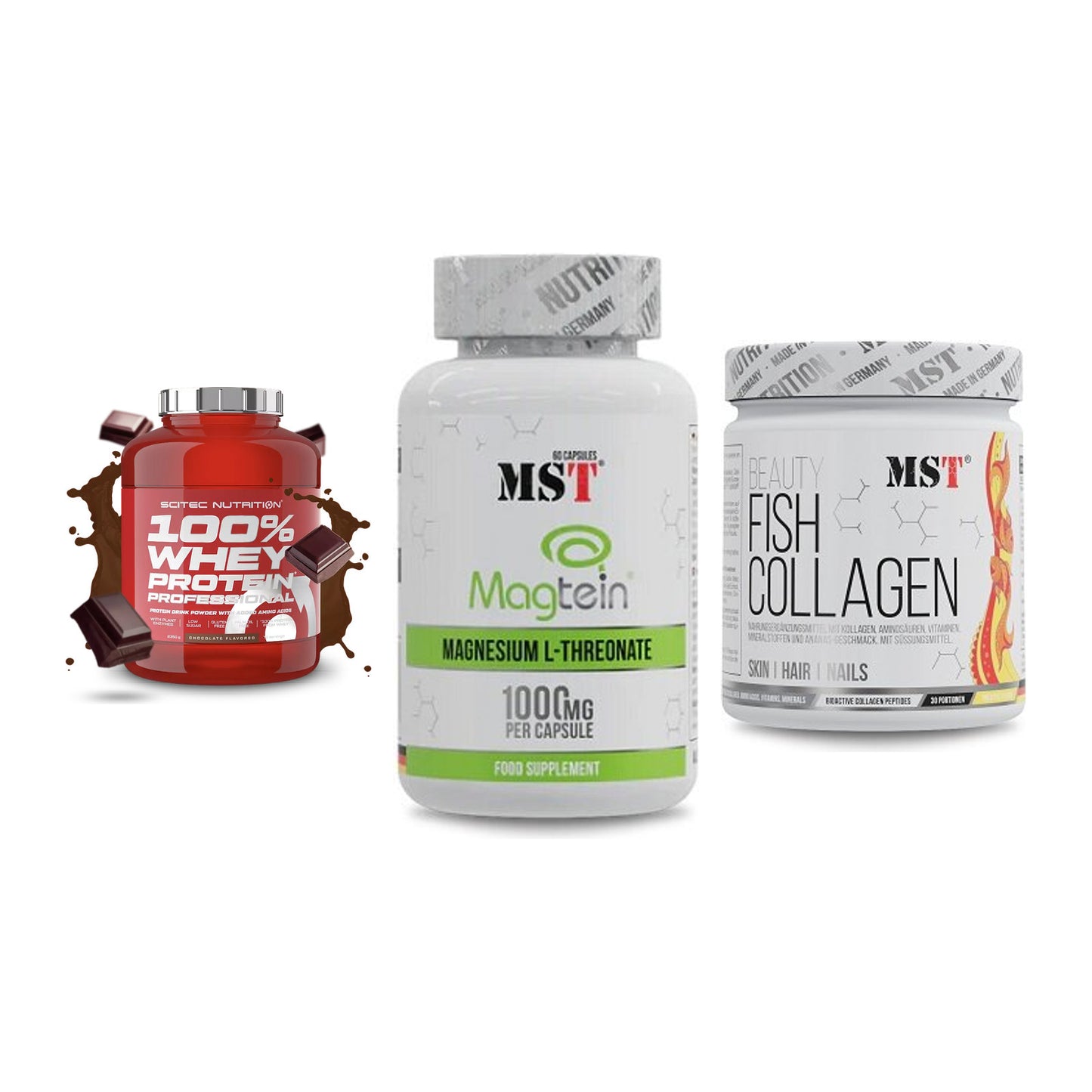 Regenerations-Set: Scitec 100% + MST Magnesium + MST Beauty Fish – alle enthaltenen Artikel