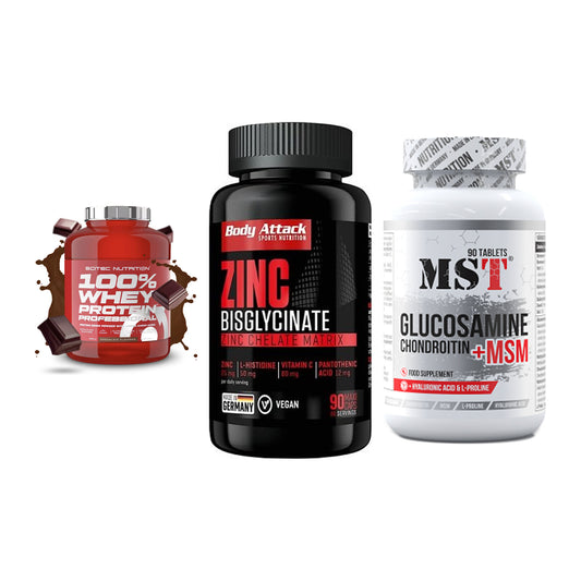 Regenerations-Set: Scitec 100% + Body Attack + MST Glucosamine – alle enthaltenen Artikel