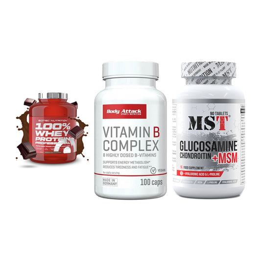 Regenerations-Set: Scitec 100% + Body Attack + MST Glucosamine – alle enthaltenen Artikel