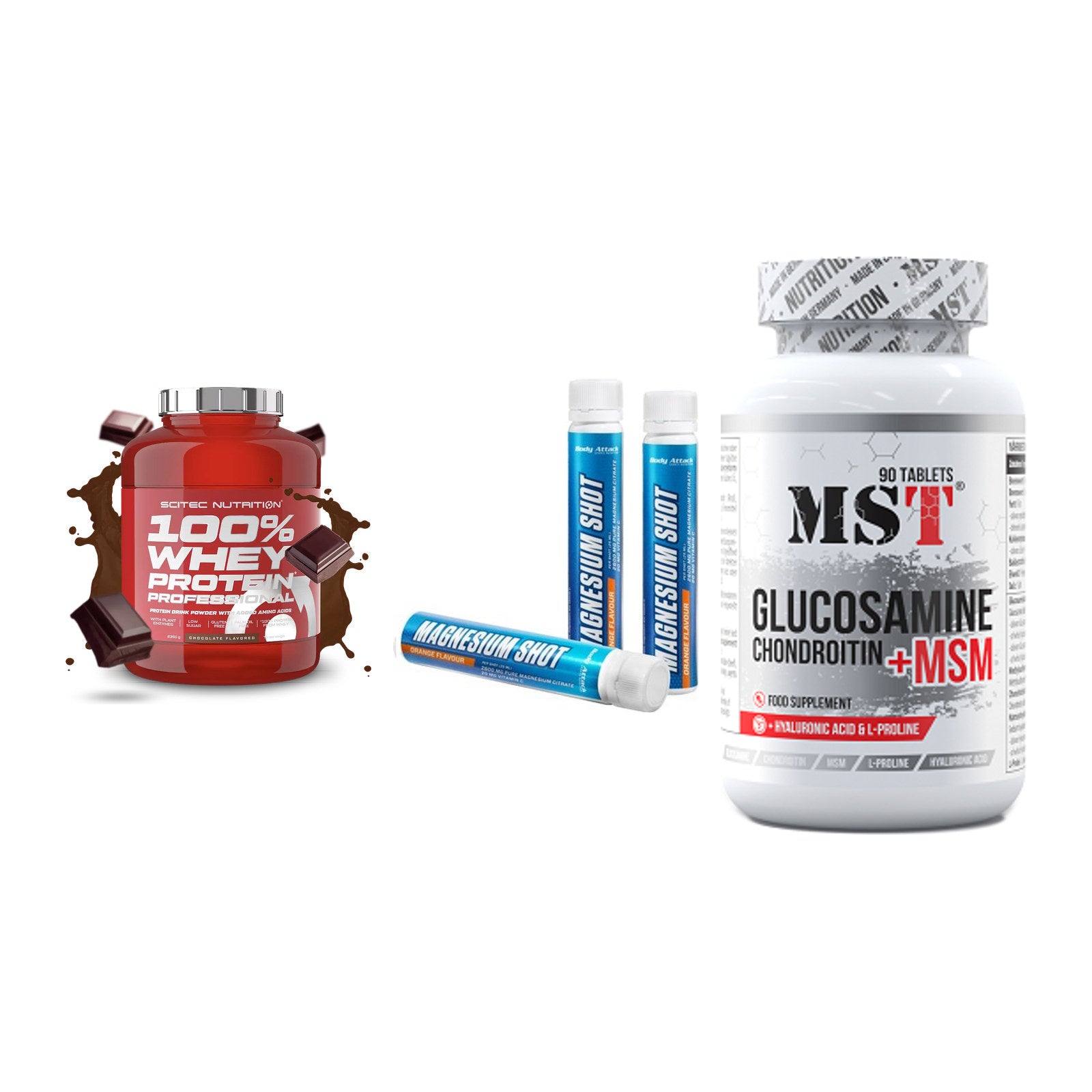 Regenerations-Set: Scitec 100% + Body Attack + MST Glucosamine – alle enthaltenen Artikel